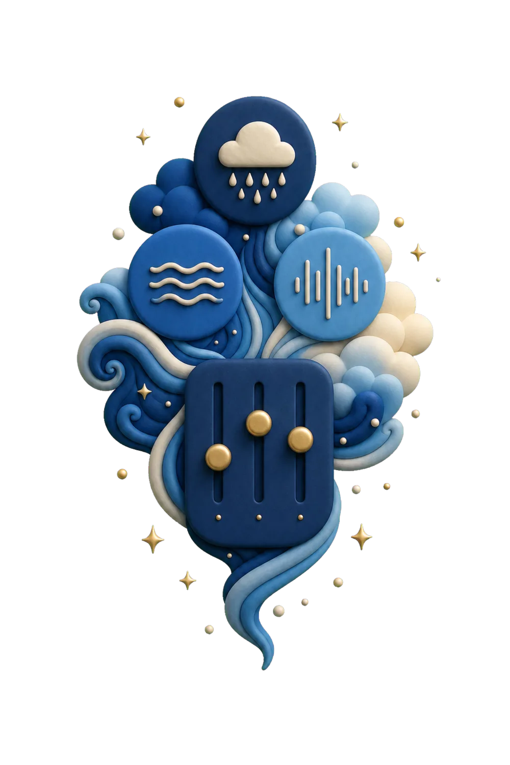 A glossy 3D indigo sound mixer with gold sliders, ringed by rain, wave, and sound-wave icons in soft clouds