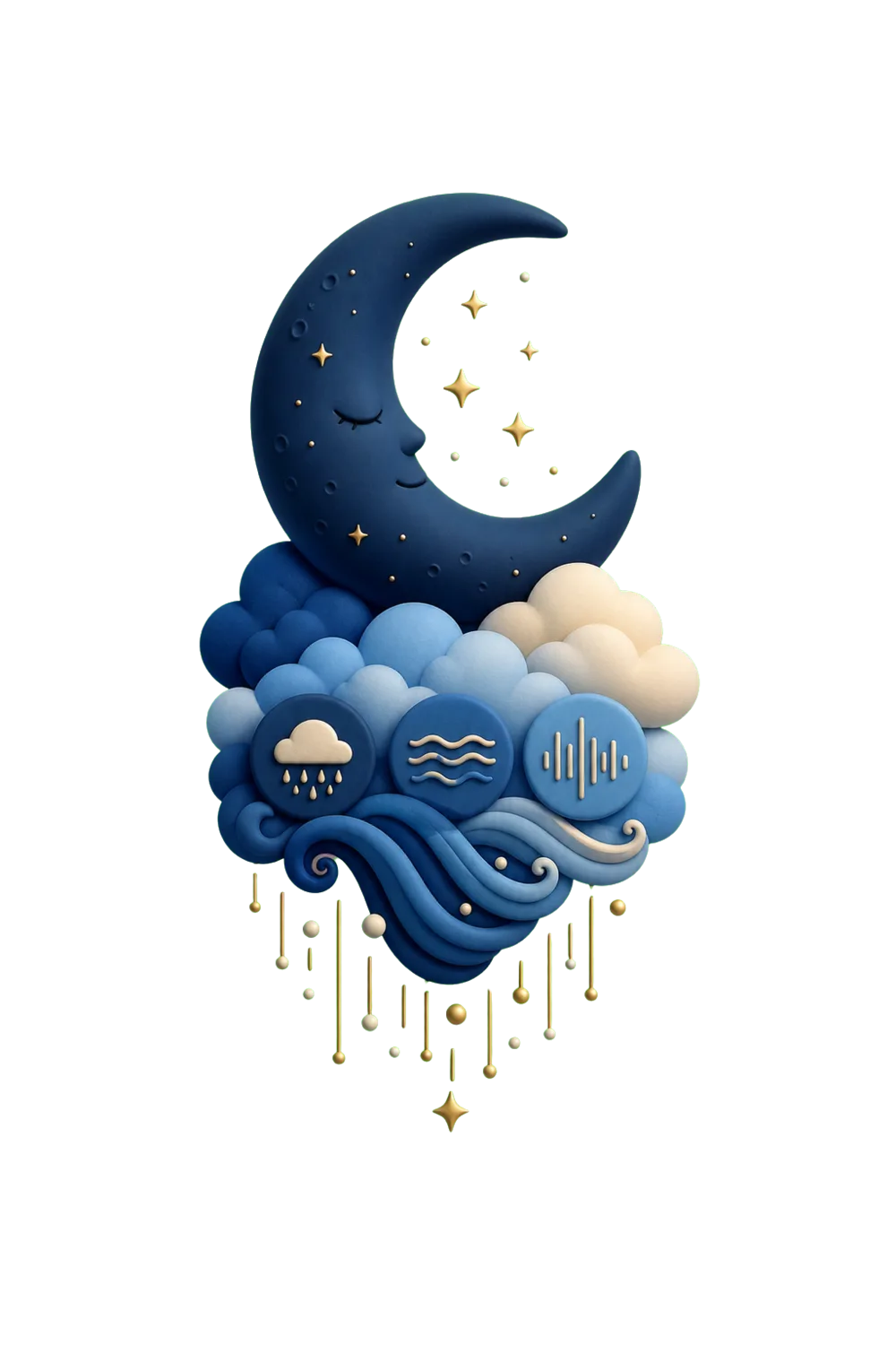 A glossy 3D sleeping crescent moon above layered clouds and gentle waves under gold stars