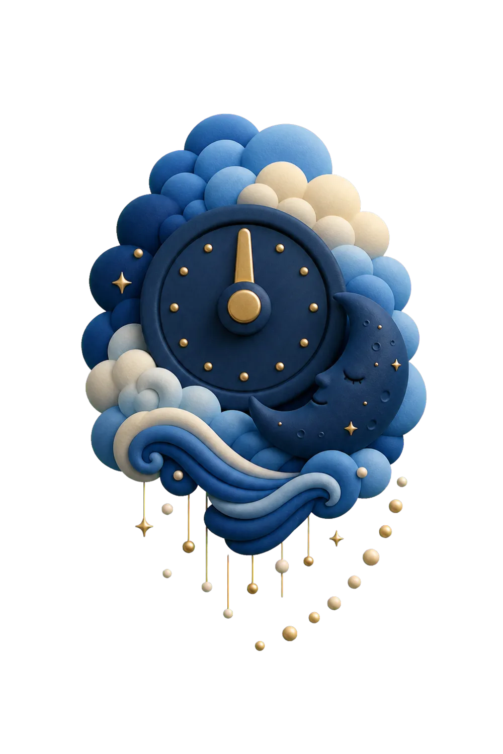 A glossy 3D navy clock nestled in blue clouds beside a sleeping crescent moon