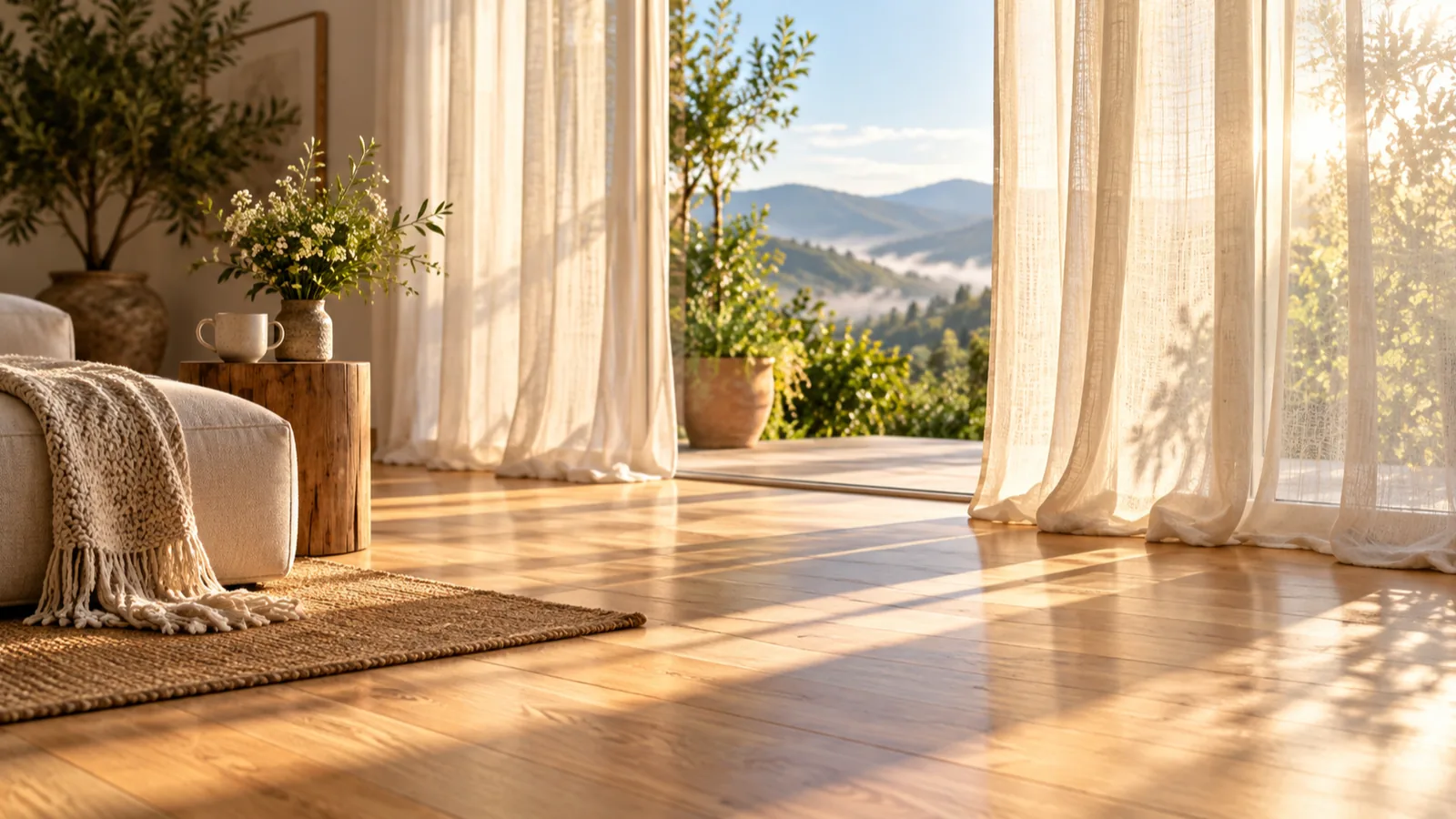 Soft morning daylight falling through sheer curtains onto a wooden floor, a steady start that helps set a bedtime routine.