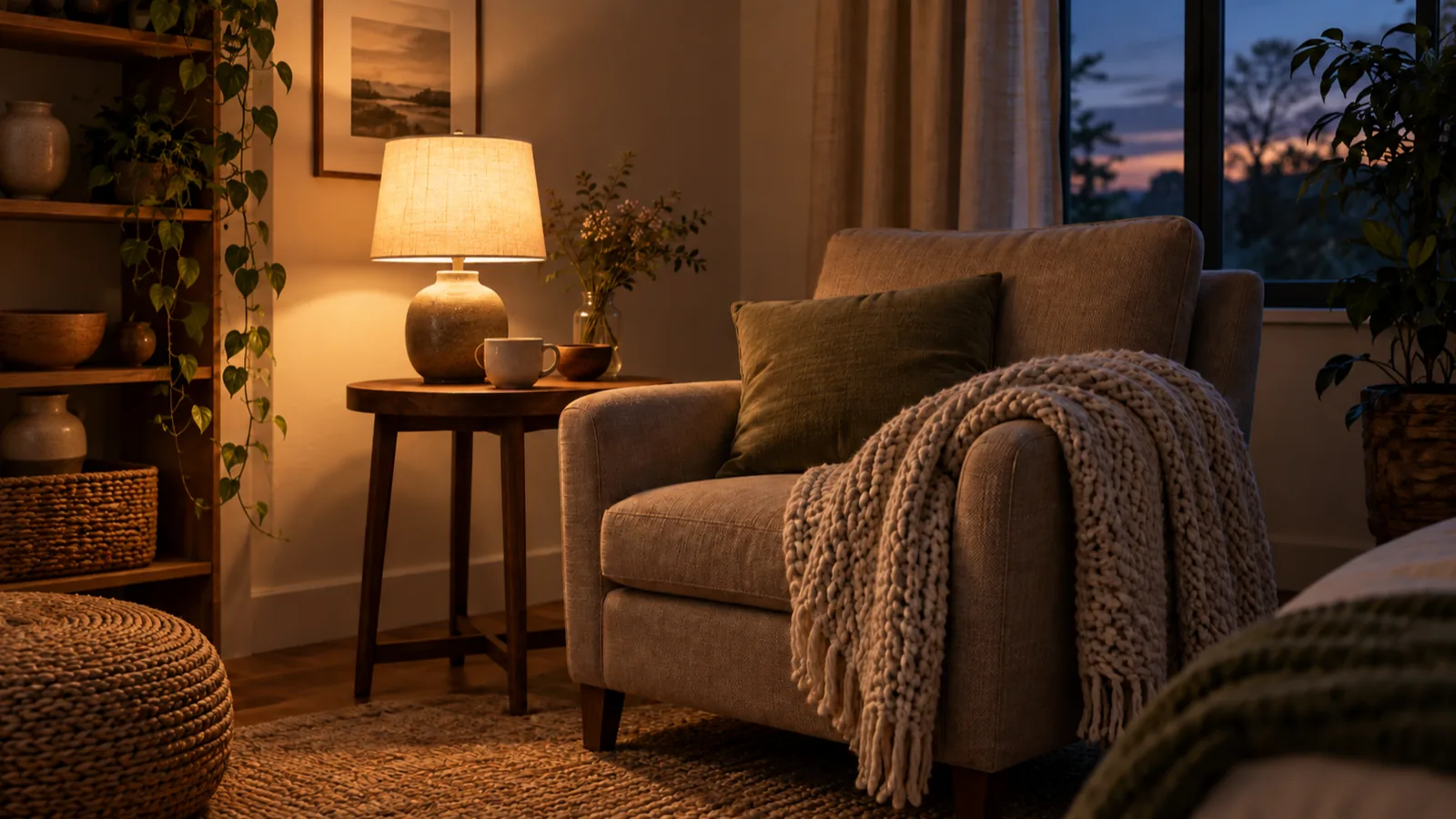 A dimmed lamp glowing beside a folded knitted throw on a reading chair, the first step of a bedtime routine.