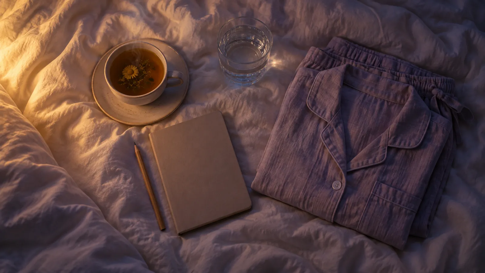 A bedtime routine for adults laid out on a linen duvet: a cup of herbal tea, a glass of water, a closed notebook and pencil, and folded pyjamas in warm lamplight