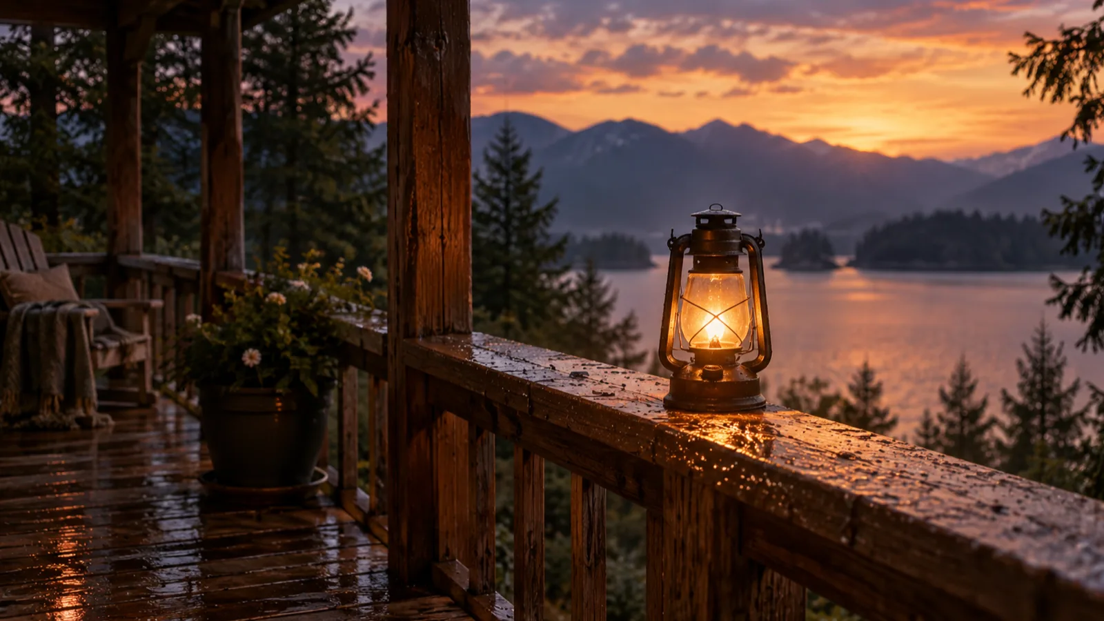 A rain-damp wooden veranda railing at dusk with one glowing lantern, the calm detail a good sleep story leans on.
