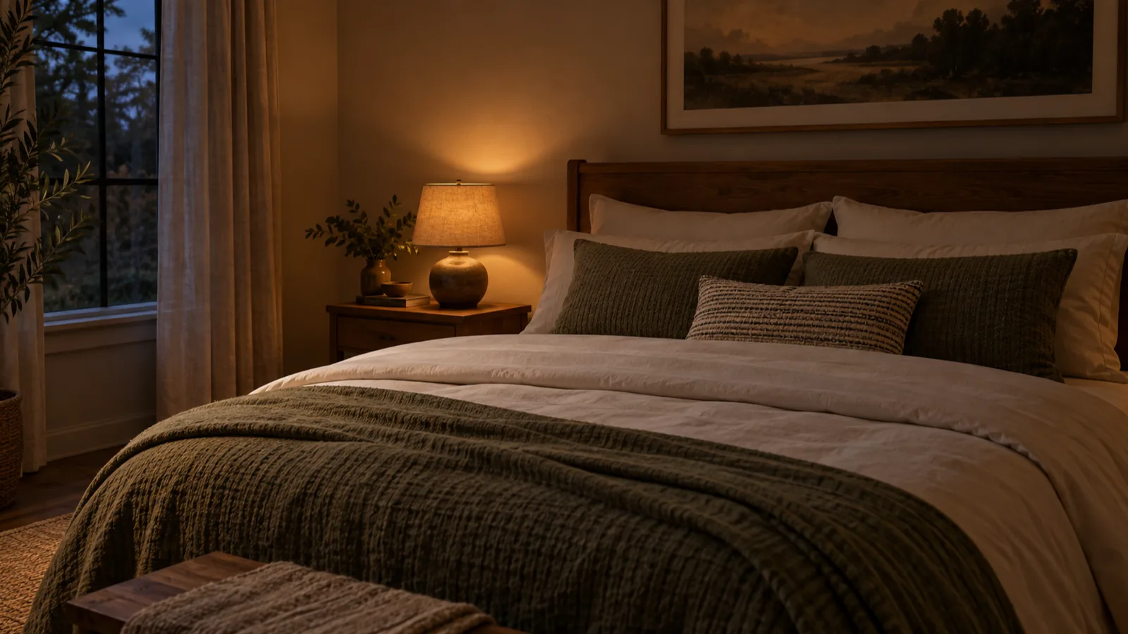 A bedside lamp dimmed to its lowest glow beside a turned-down duvet, everything ready before a sleep story begins.