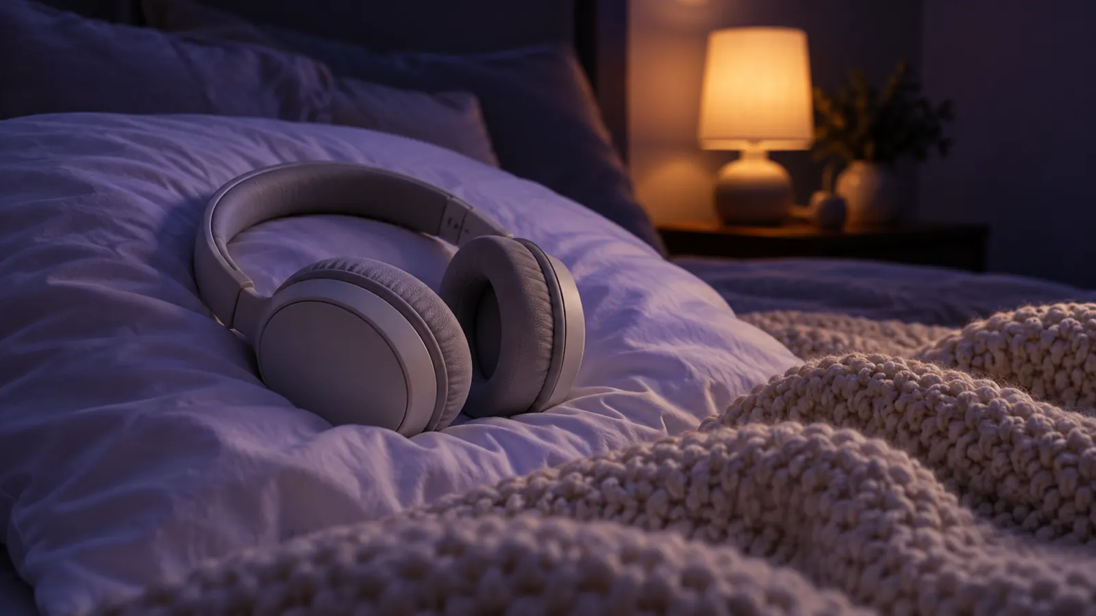 Bedtime stories for adults: soft headphones resting on a pillow beside a knitted blanket, a bedside lamp glowing warm in a dark bedroom