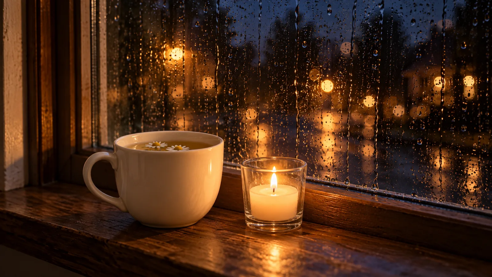 A cup of chamomile tea on a wooden windowsill at night, with rain running down the dark glass.