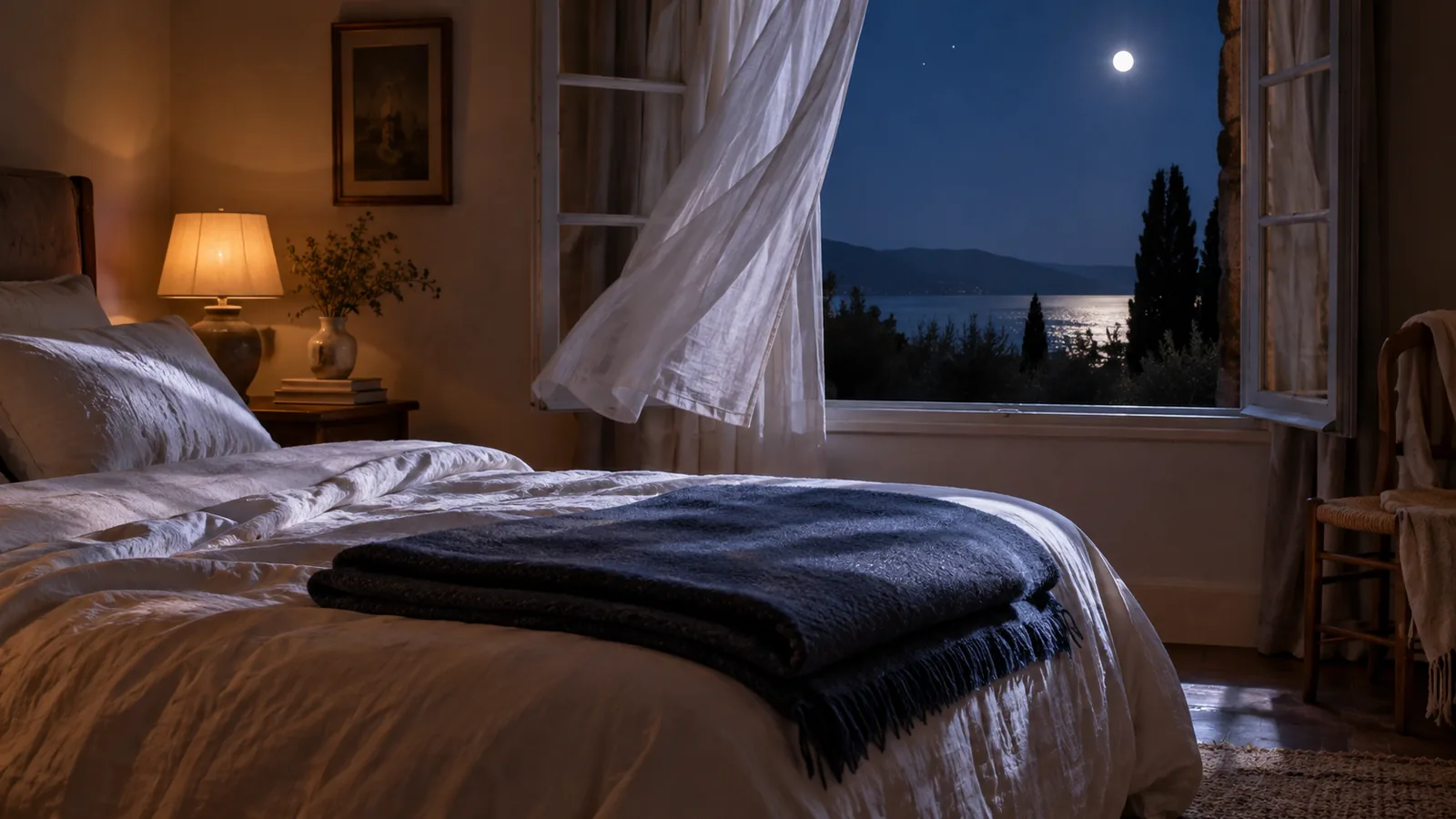 Breathing exercises to fall asleep: a sheer white curtain lifting in a night breeze at an open bedroom window, moonlight falling on a folded indigo blanket