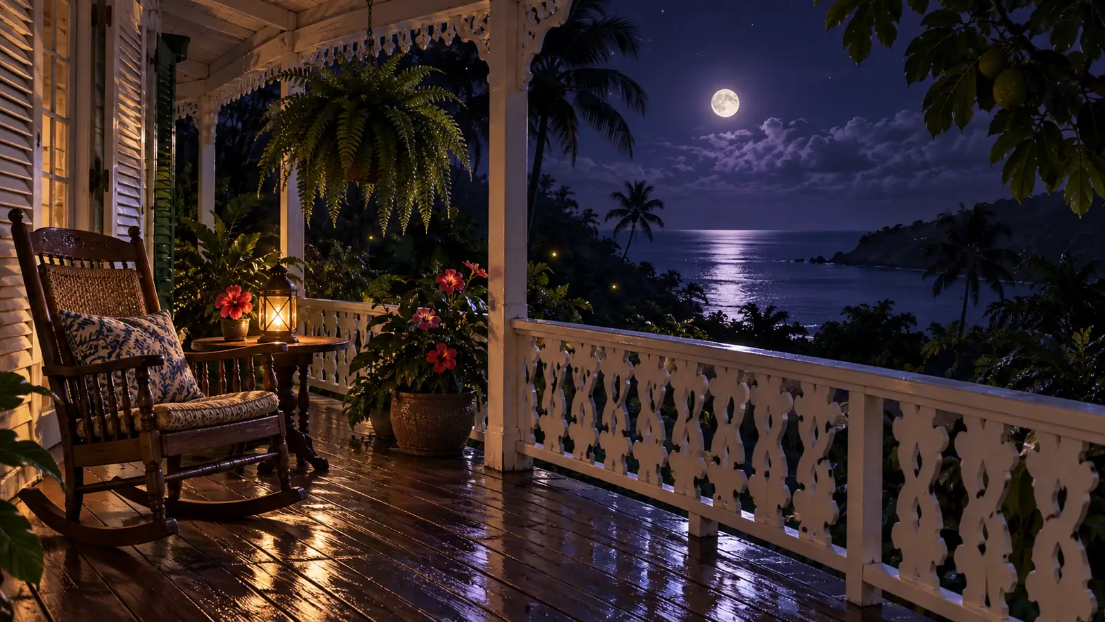 A wooden veranda in Jamaica at night after rain, a rocking chair and a glowing lantern, hanging ferns and hibiscus, palm trees and a moonlit sea beyond the white fretwork railing