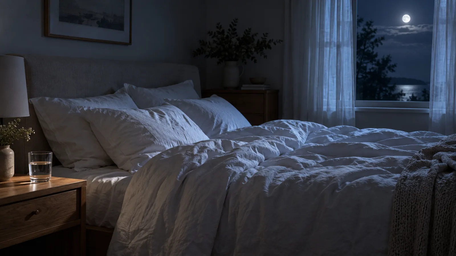 A dim bedroom at night with moonlight through sheer curtains and a glass of water on the nightstand