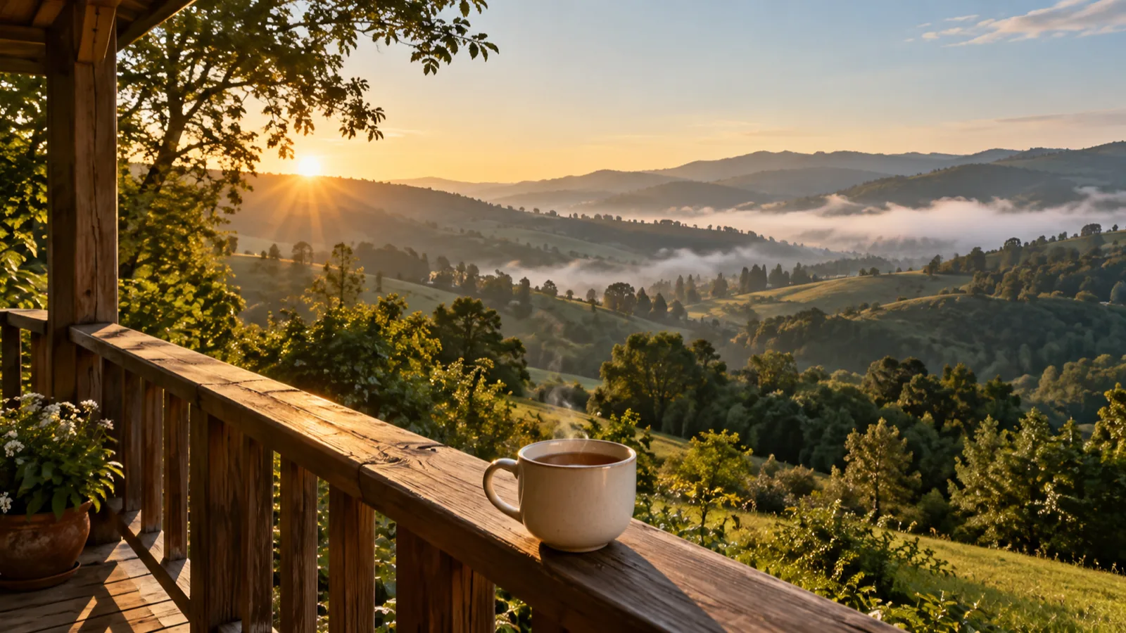 Morning sunlight on a wooden veranda with a cup of tea on the rail and misty hills beyond