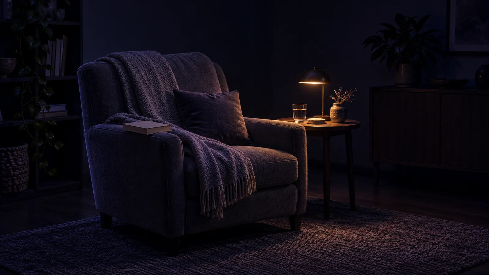 Trying to fall back asleep at 3am: a quiet armchair with a woollen throw, a closed book and a glass of water, lit by one small lamp in a dark room