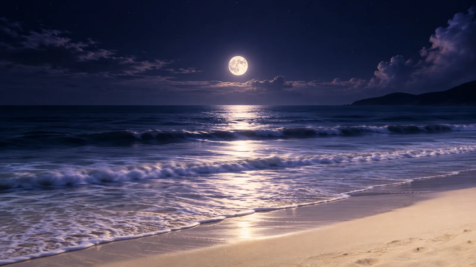 A calm night sea under a full moon, soft waves rolling slowly onto pale sand