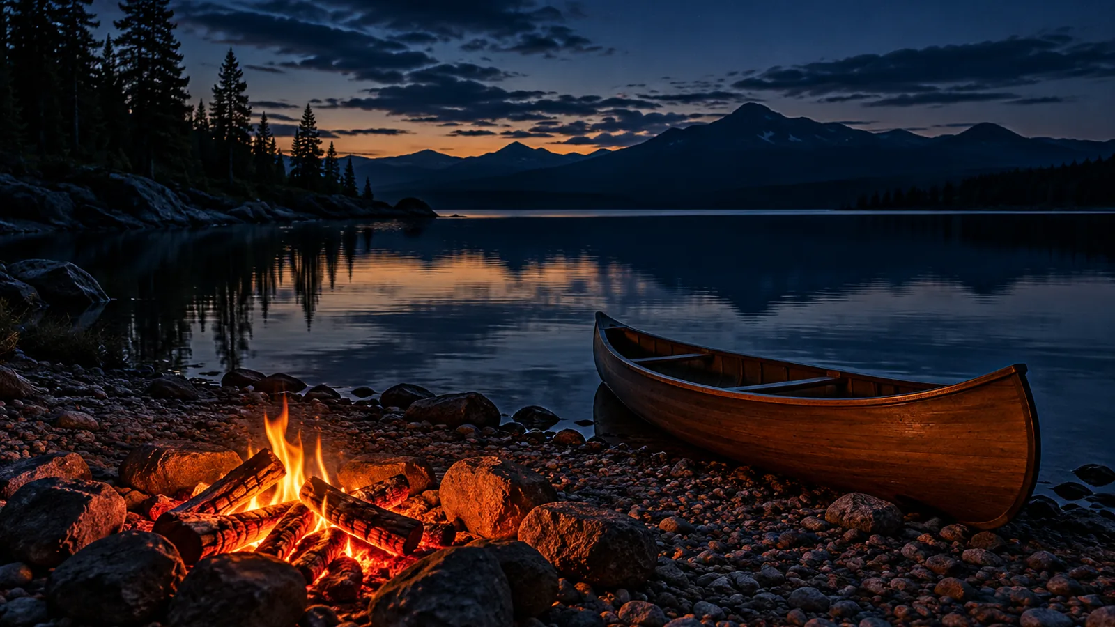 Campfire embers by a calm lake at dusk with a canoe pulled up on the shore