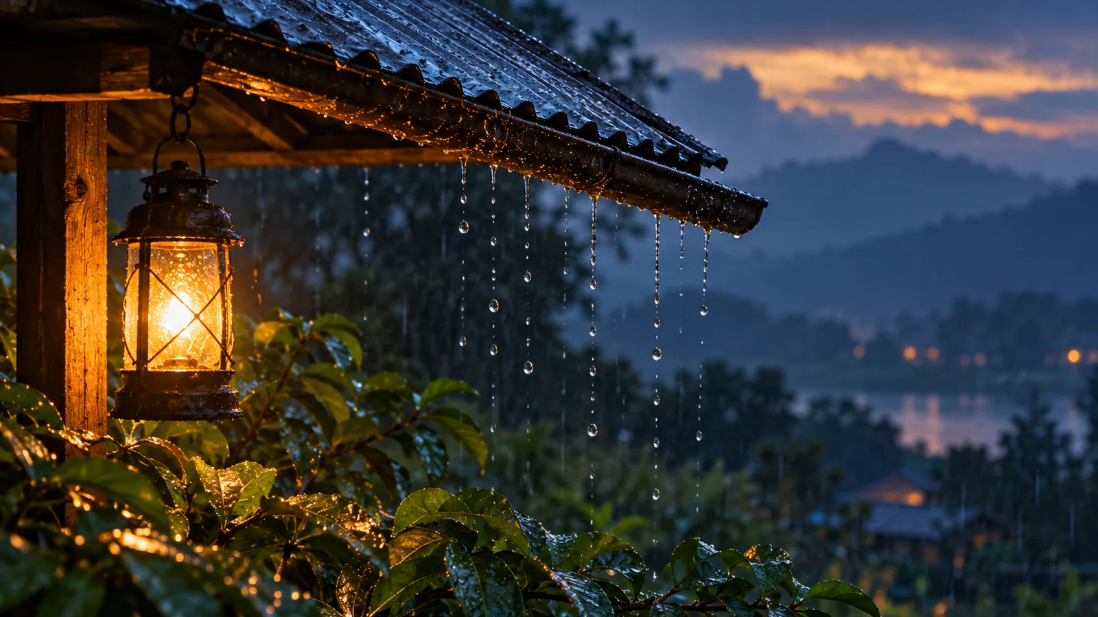 Raindrops falling from a tin roof edge beside a glowing hanging lantern at dusk