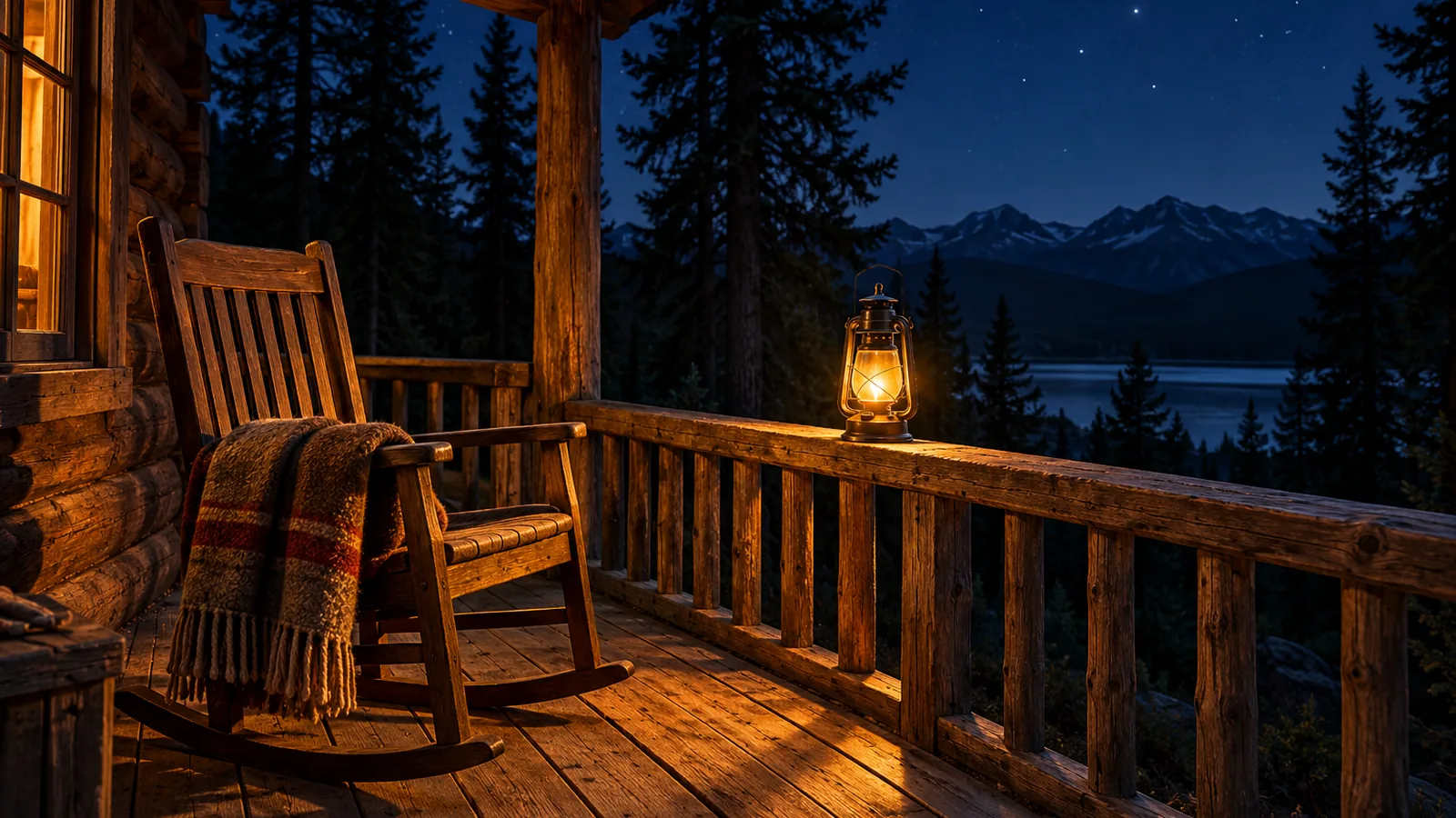 A rocking chair with a folded blanket on a cabin porch beside a glowing lantern under dark pines