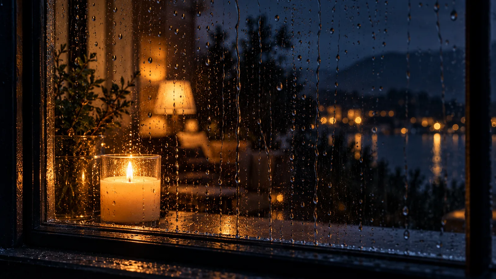 Rain streaking a dark window with a candle glowing on the sill inside