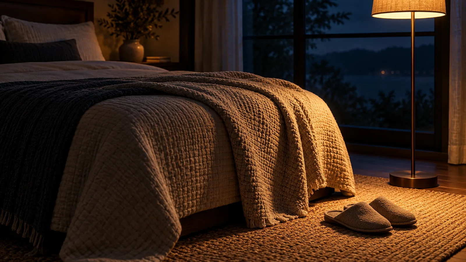 A folded quilt, slippers on a rug and a glowing floor lamp in a dark bedroom