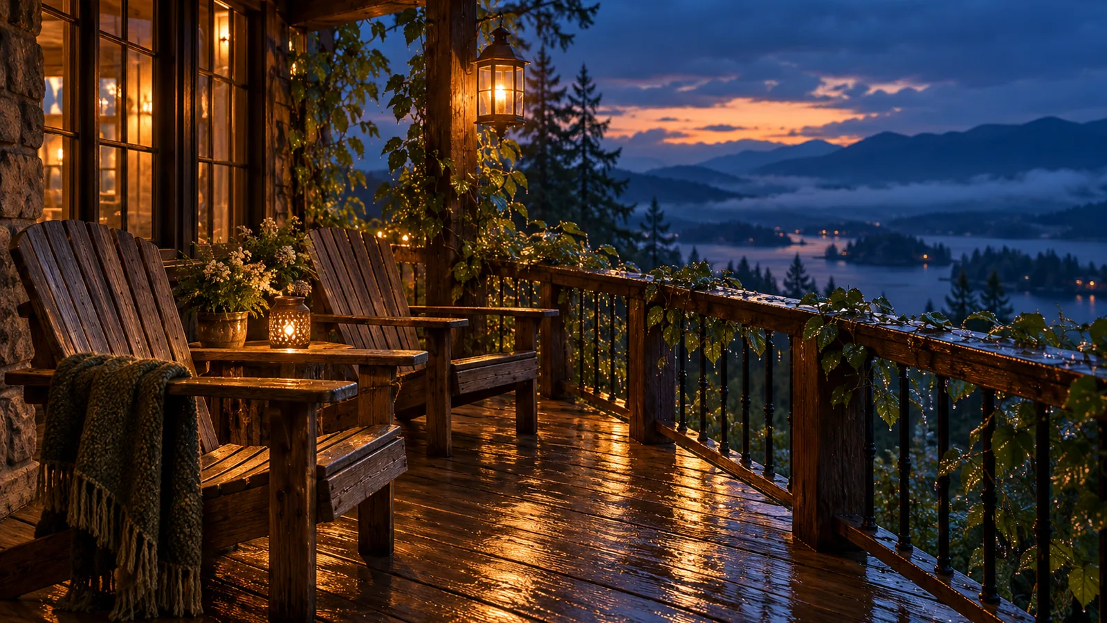 Two wooden chairs on a veranda after rain with a hanging lantern glowing at dusk
