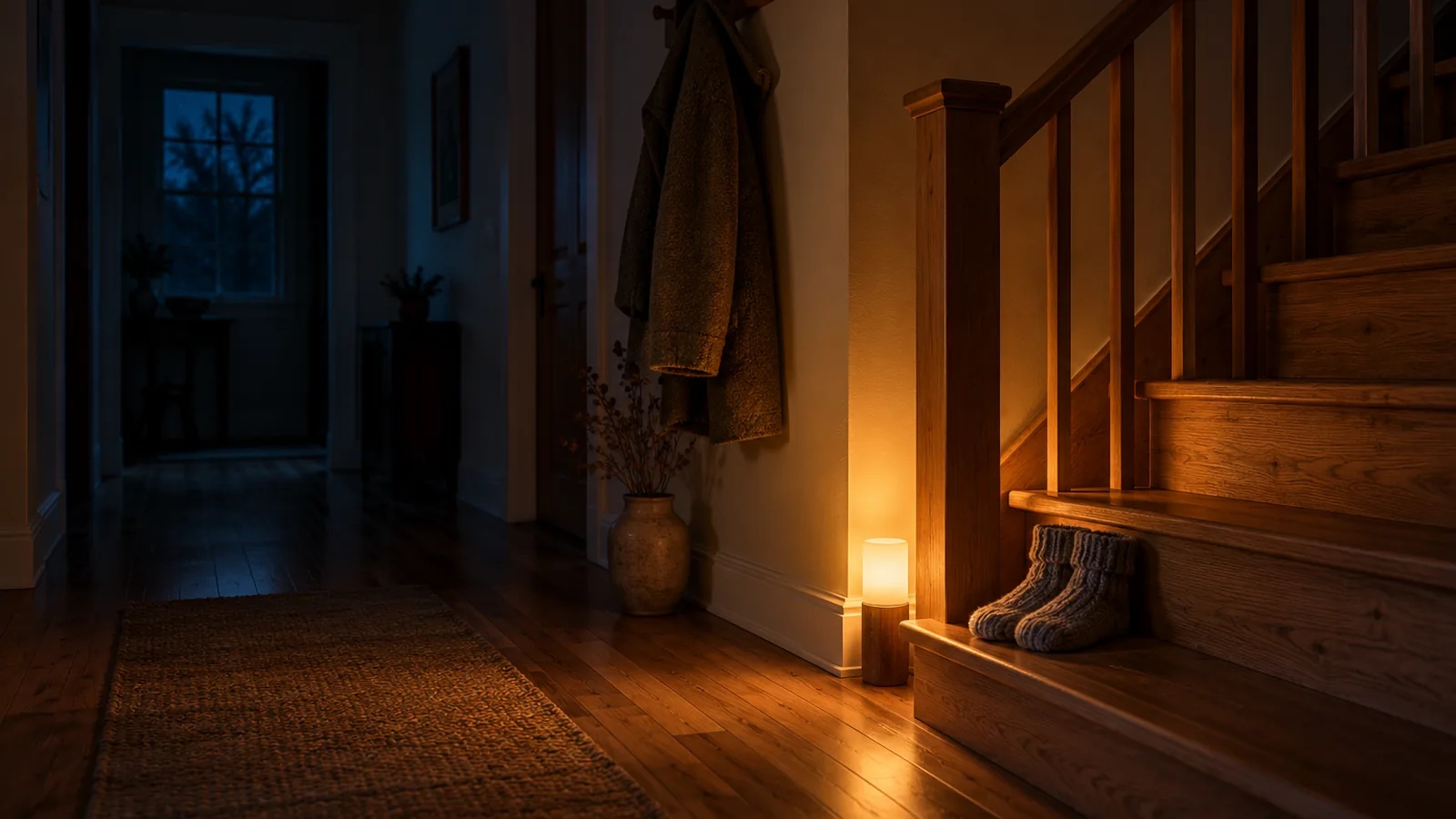 A warm night light glowing in a dark hallway beside a staircase with knitted socks on the bottom step