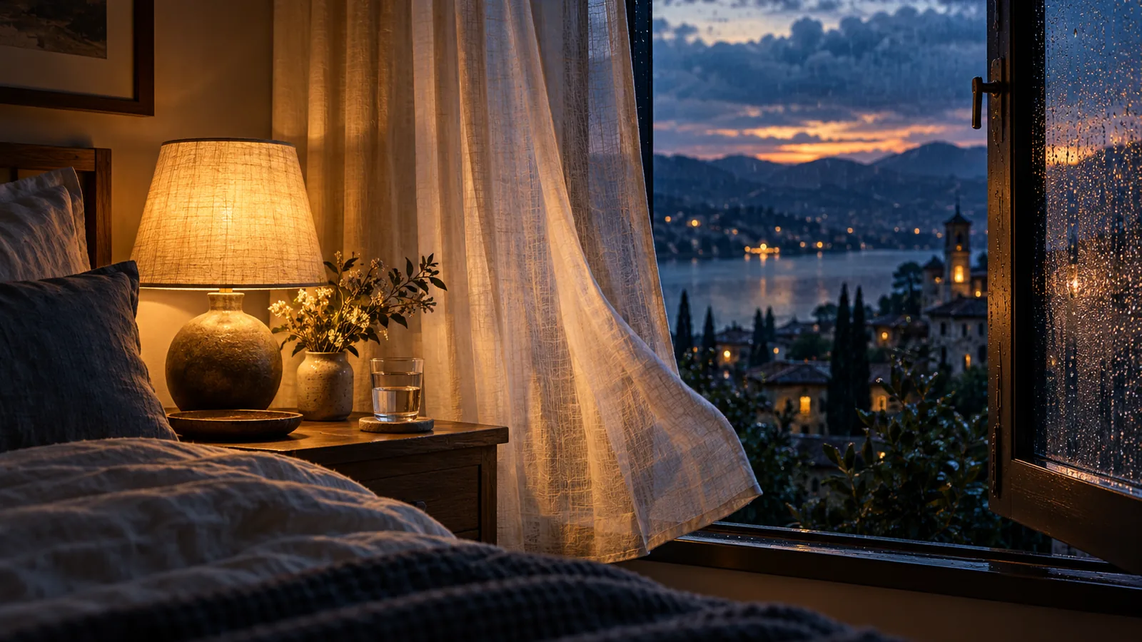 An open bedroom window with a moving curtain, a glass of water and a lit lamp on a bedside table at dusk