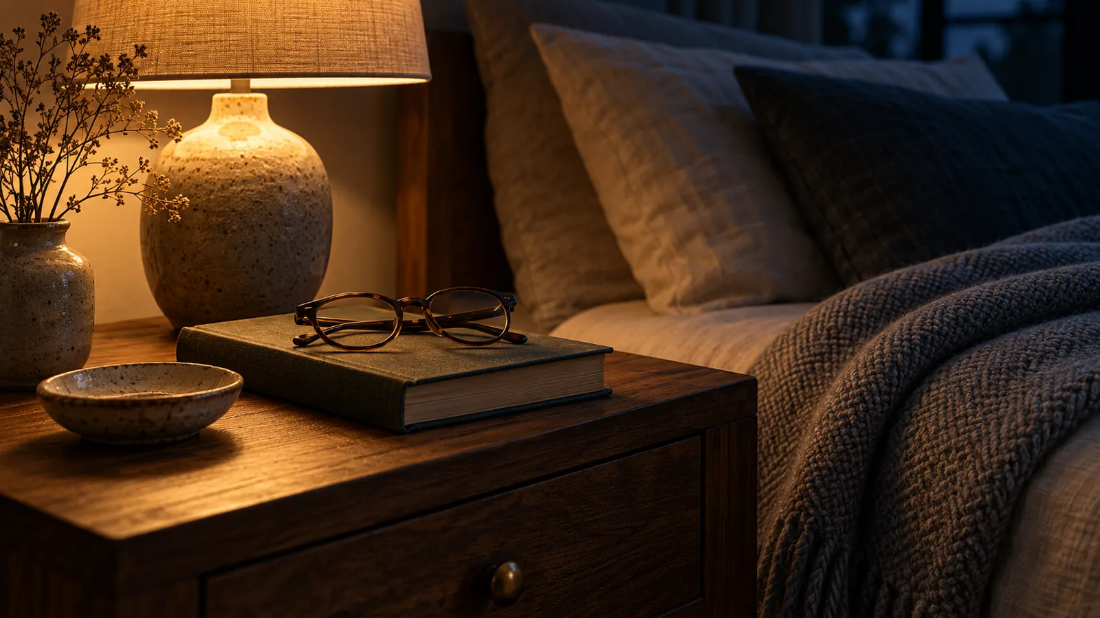 A closed book with folded reading glasses on a bedside table beside a dim lamp