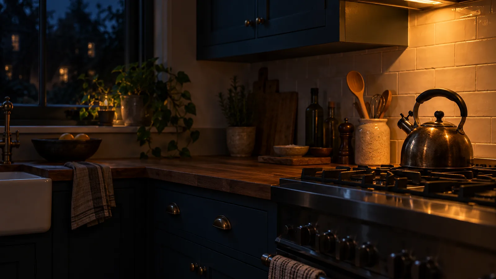 A dim kitchen at night with a kettle on the cooker and a plant on the windowsill