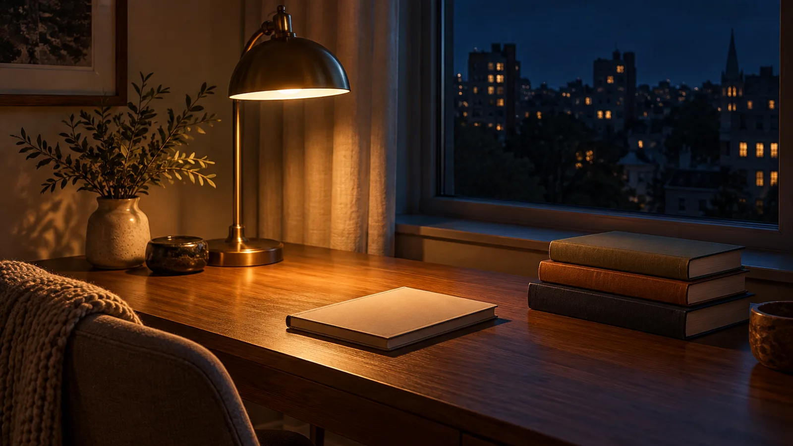 A desk lamp glowing over a closed notebook and a stack of books beside a dark window