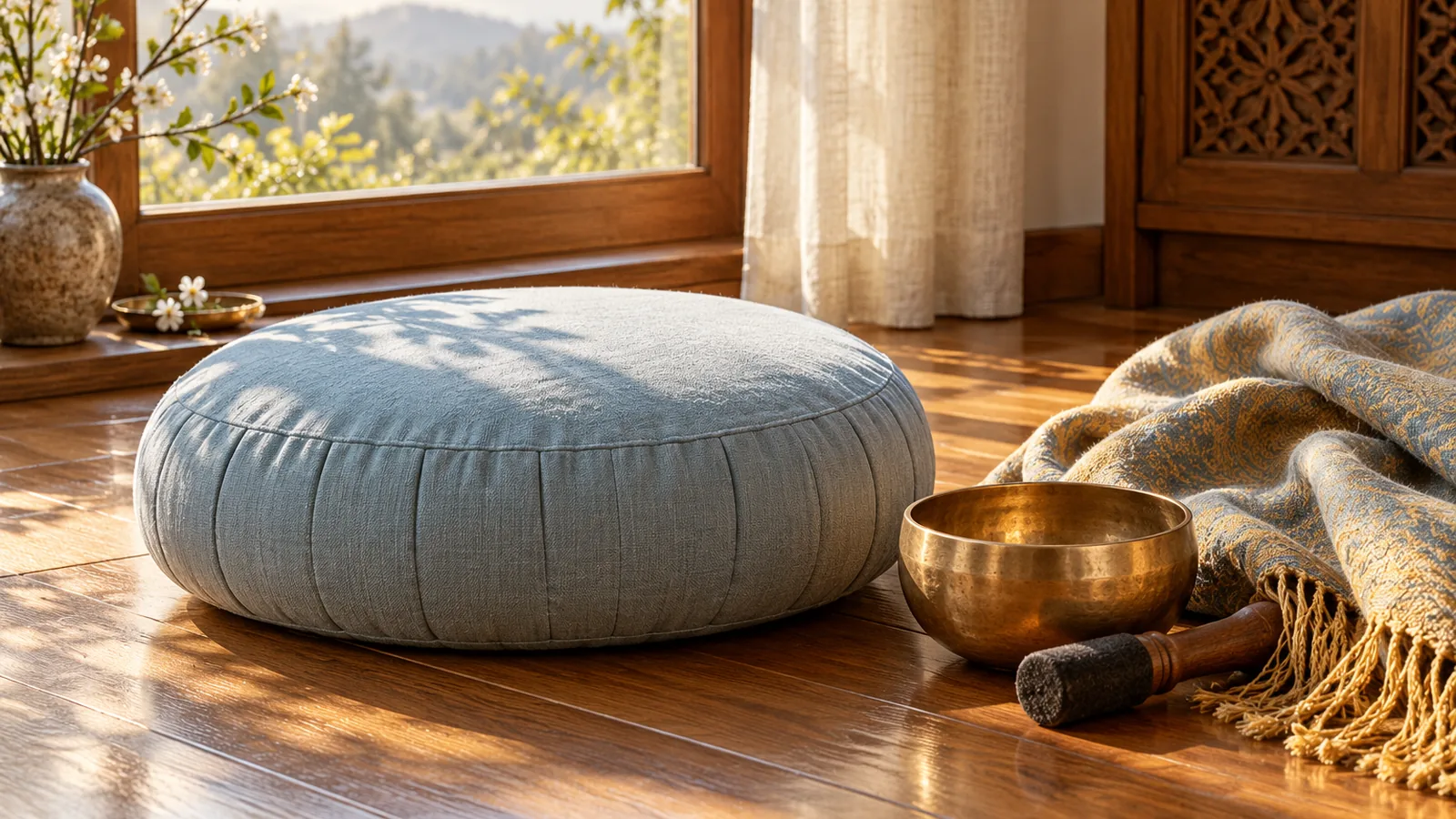 A round cushion on a wooden floor by a bright window with a small brass bowl beside it