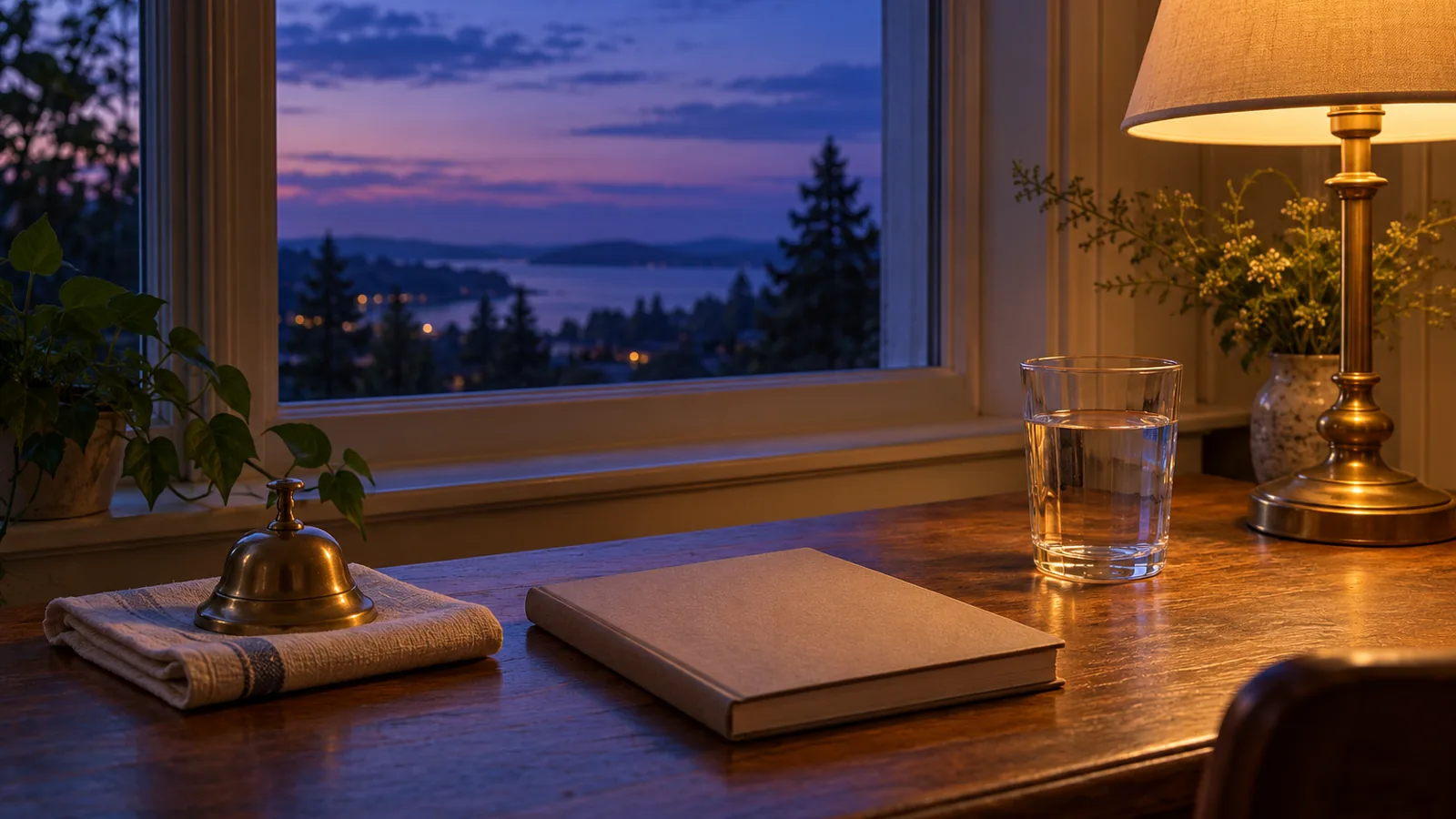 A brass bell on a folded cloth beside a closed journal and a glass of water on a desk at blue hour
