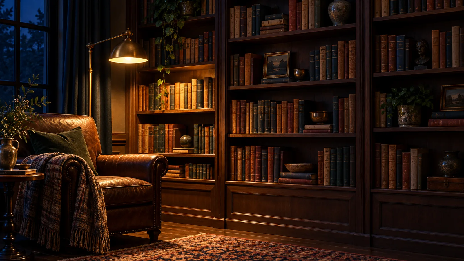 A wall of bookshelves lit by a single reading lamp in a quiet room at night