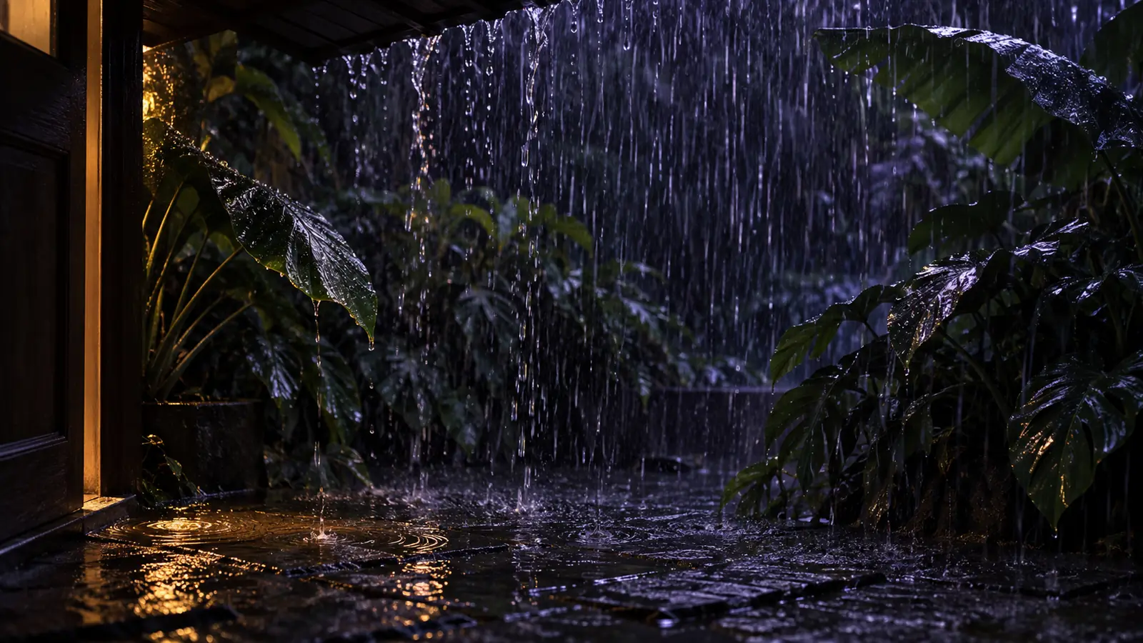 Rain sounds for sleep, pictured: heavy night rain pouring off a roof edge past glossy tropical leaves, a warm doorway light rippling in the puddles below