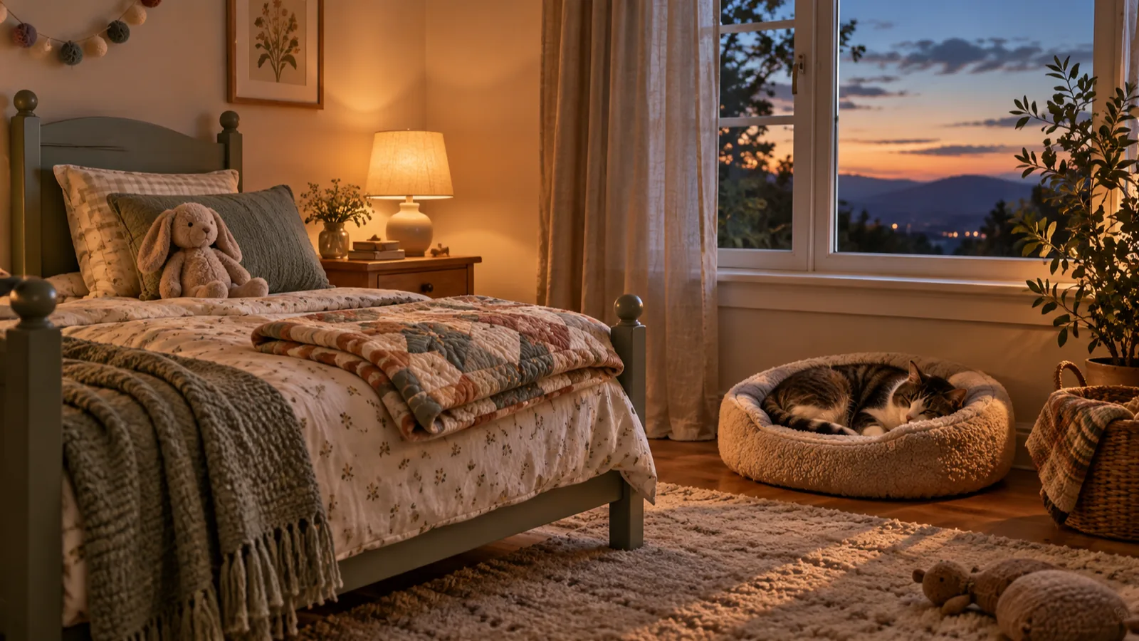A cosy child's bed and a pet bed with a sleeping cat in a lamplit bedroom corner at dusk.