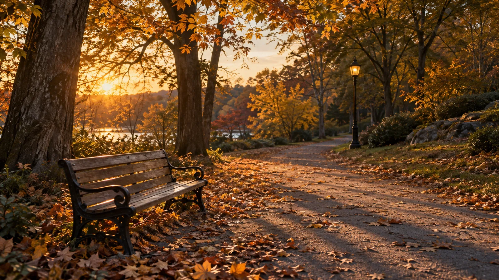 A leafy autumn park path in golden late afternoon light with a bench and a lamp post.