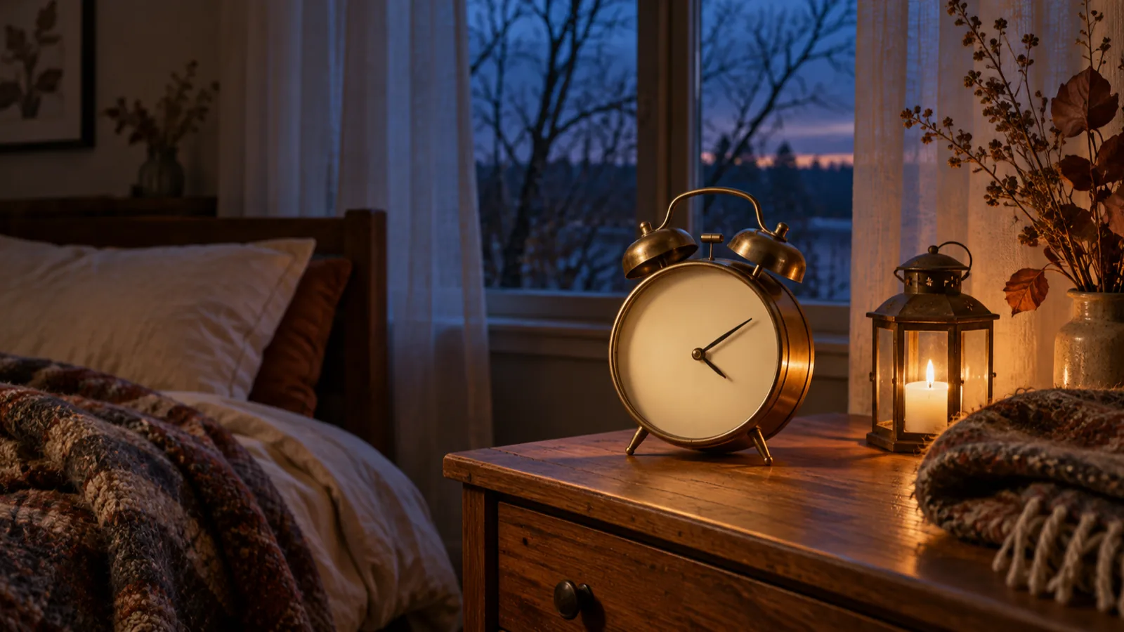 A vintage brass alarm clock on a bedside table beside a small candle lantern and a folded wool blanket, with soft autumn dusk light through the curtains