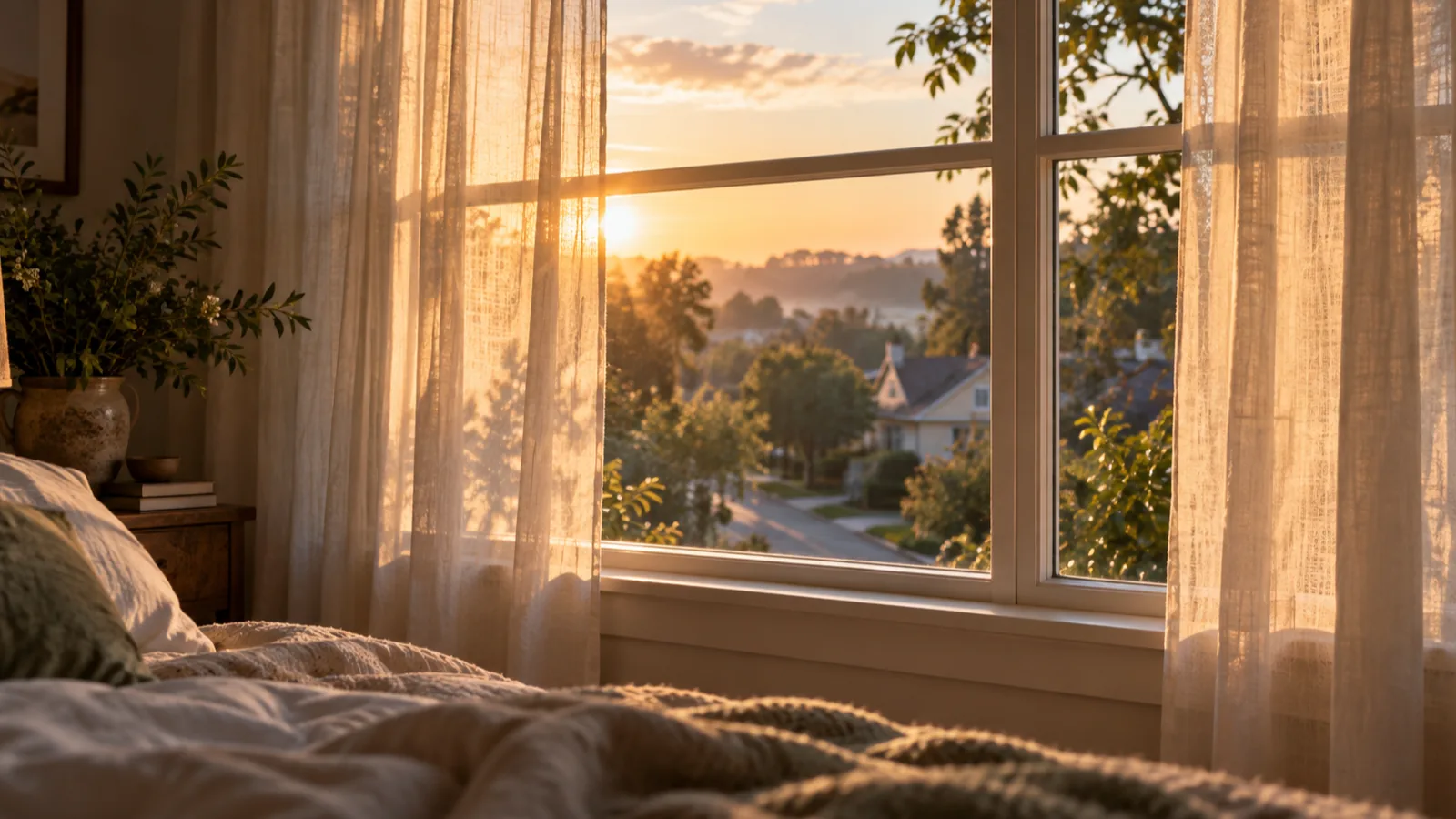 A bedroom window at first light with sheer curtains and a quiet street beyond, the early hour sound helps through.