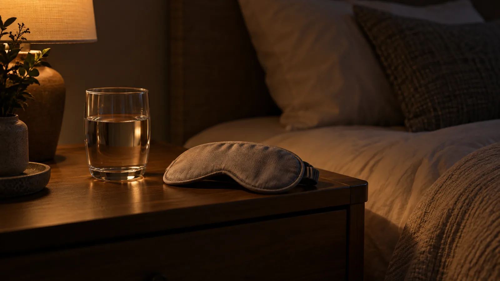 A folded eye mask and a glass of water on a nightstand, a quiet, steady setup for sleep sounds.