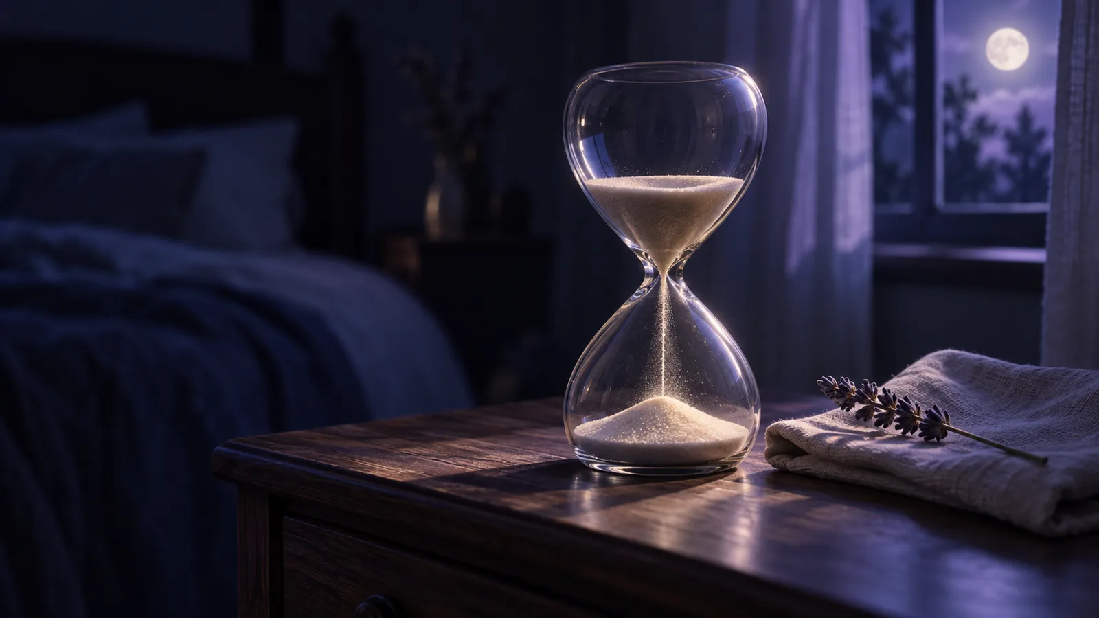 An hourglass running on a moonlit nightstand, a quiet picture of choosing between sleep sounds all night or a timer, beside a folded cloth and a sprig of lavender
