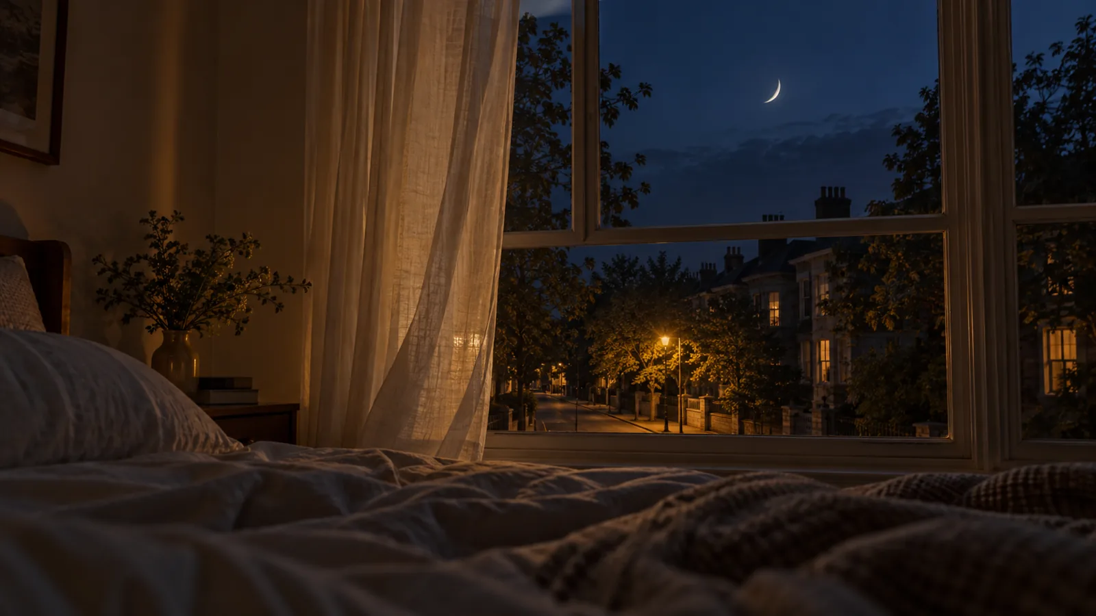 A bedroom window at night looking out on a quiet street lit by one warm streetlamp.