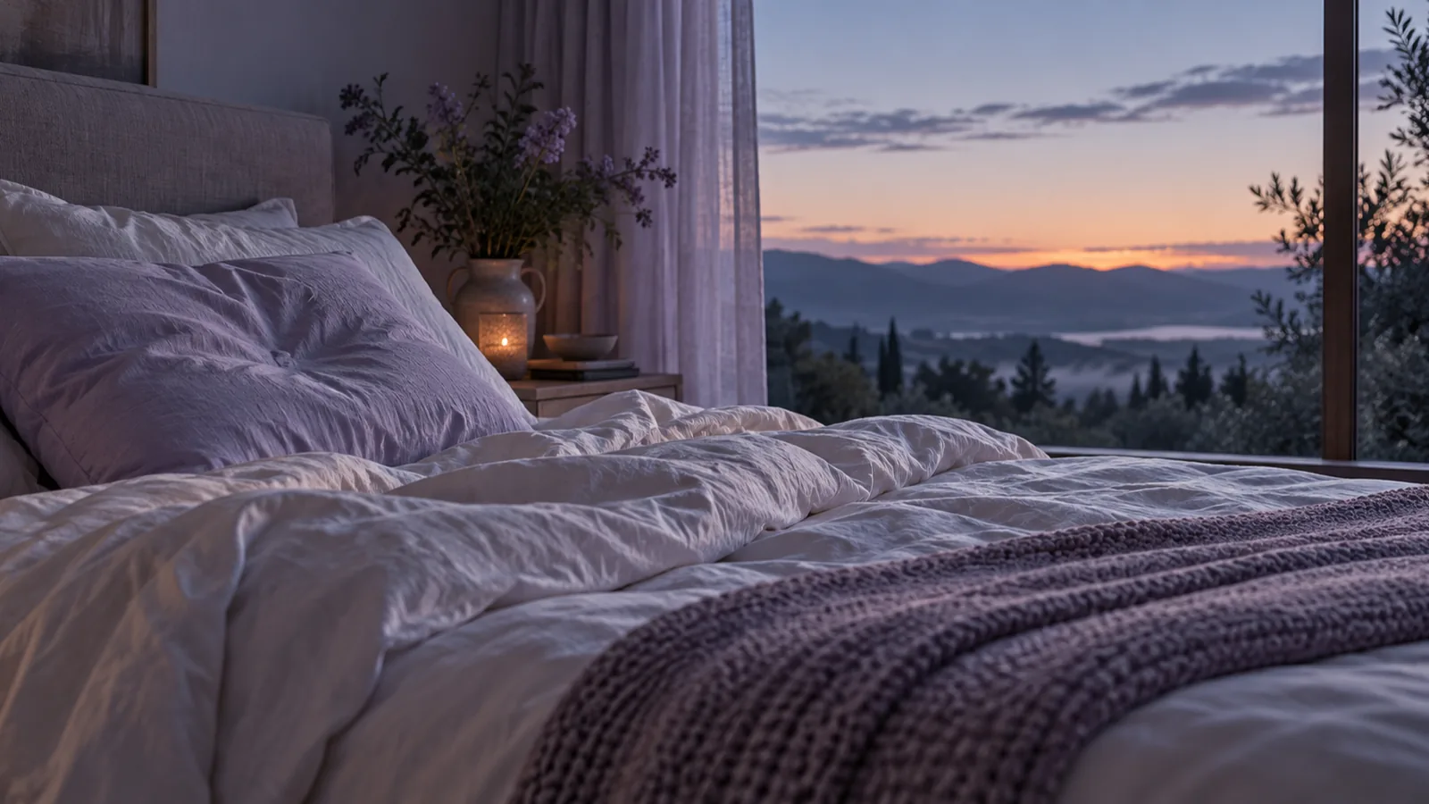 Rumpled lilac and white bed linen in the pale blue light just before dawn.