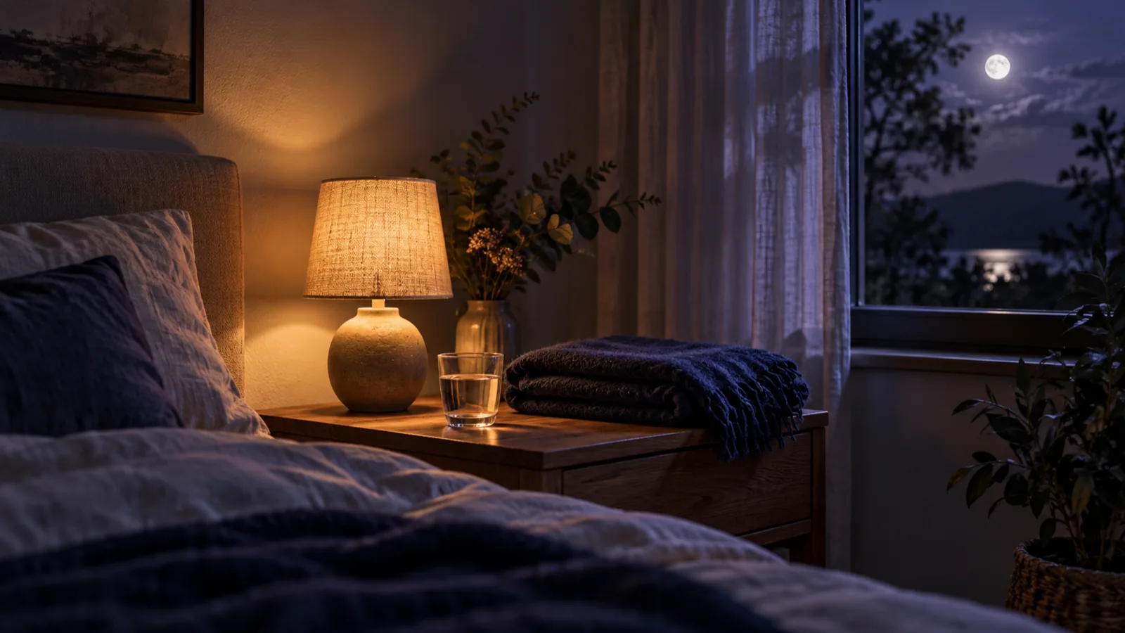 A sleep timer that fades out, pictured: a bedside lamp dimming to a soft glow in a moonlit bedroom, beside a folded indigo blanket and a glass of water