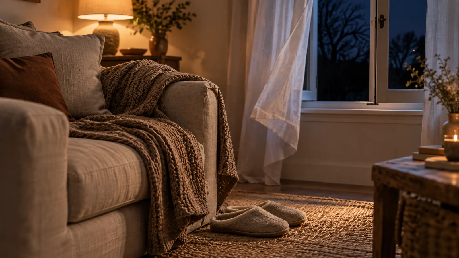 A sofa arm with a knitted blanket folded back and slippers on the rug, a window open a crack in a lamp-lit room.
