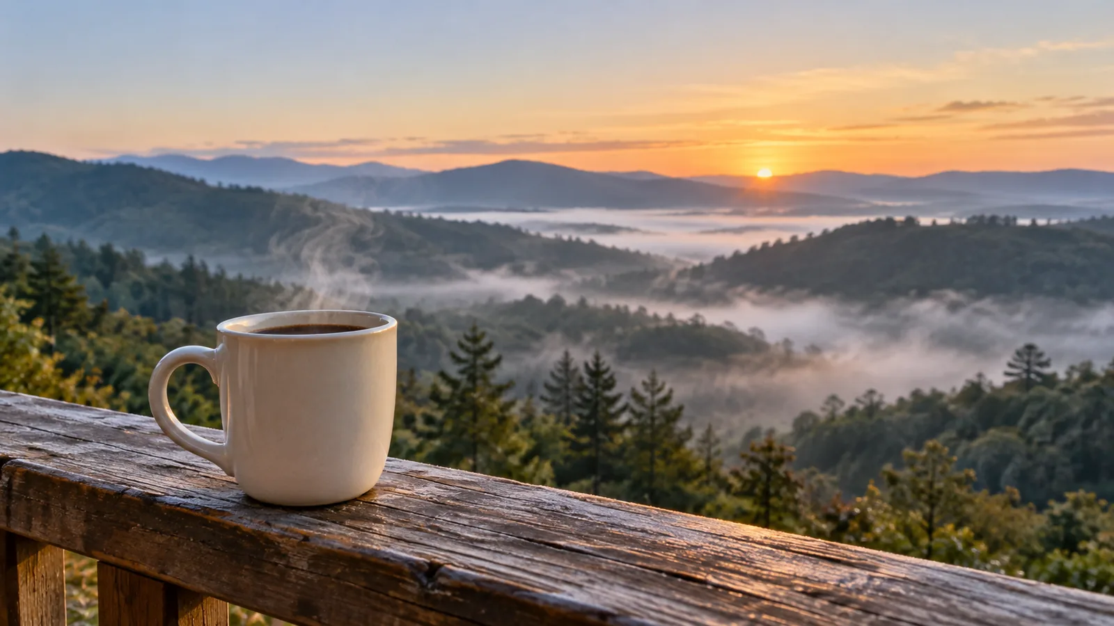 A mug of coffee on a wooden veranda rail at a pale winter sunrise, with mist over green hills.