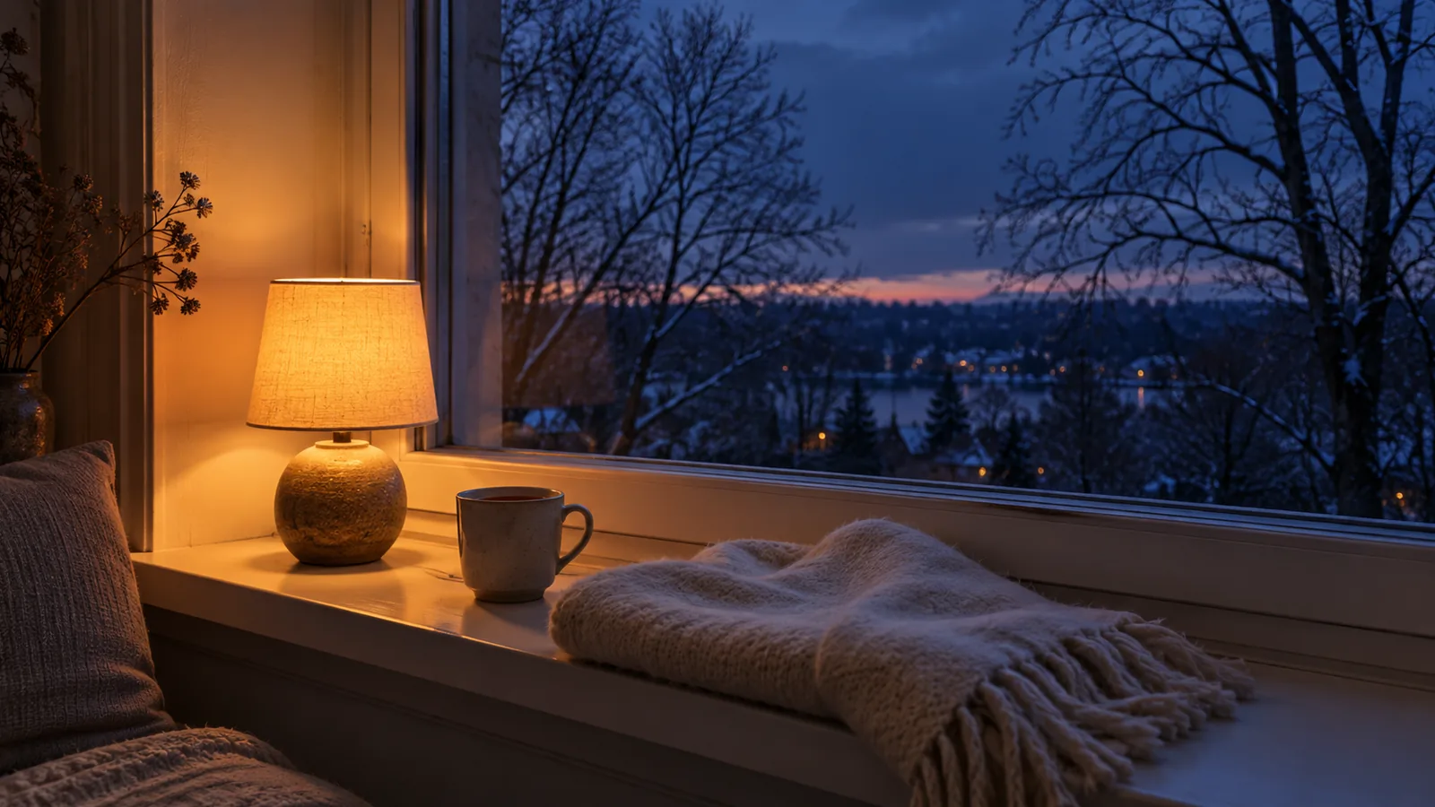 A window at blue dusk in early winter with bare branches outside, a warm table lamp glowing on the sill beside a mug of tea and a folded wool throw