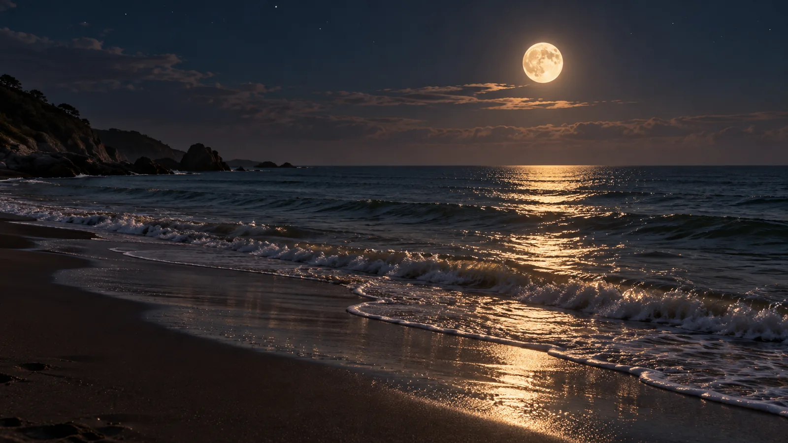 Gentle waves rolling onto a dark shoreline under a full moon, a steady sound that can help you fall asleep.