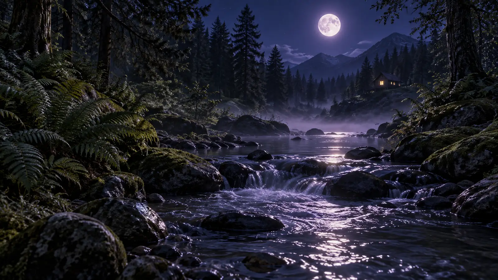 A moonlit woodland stream running over mossy stones between ferns, the kind of gentle sound that can help you fall asleep, with a cabin window glowing among the pines