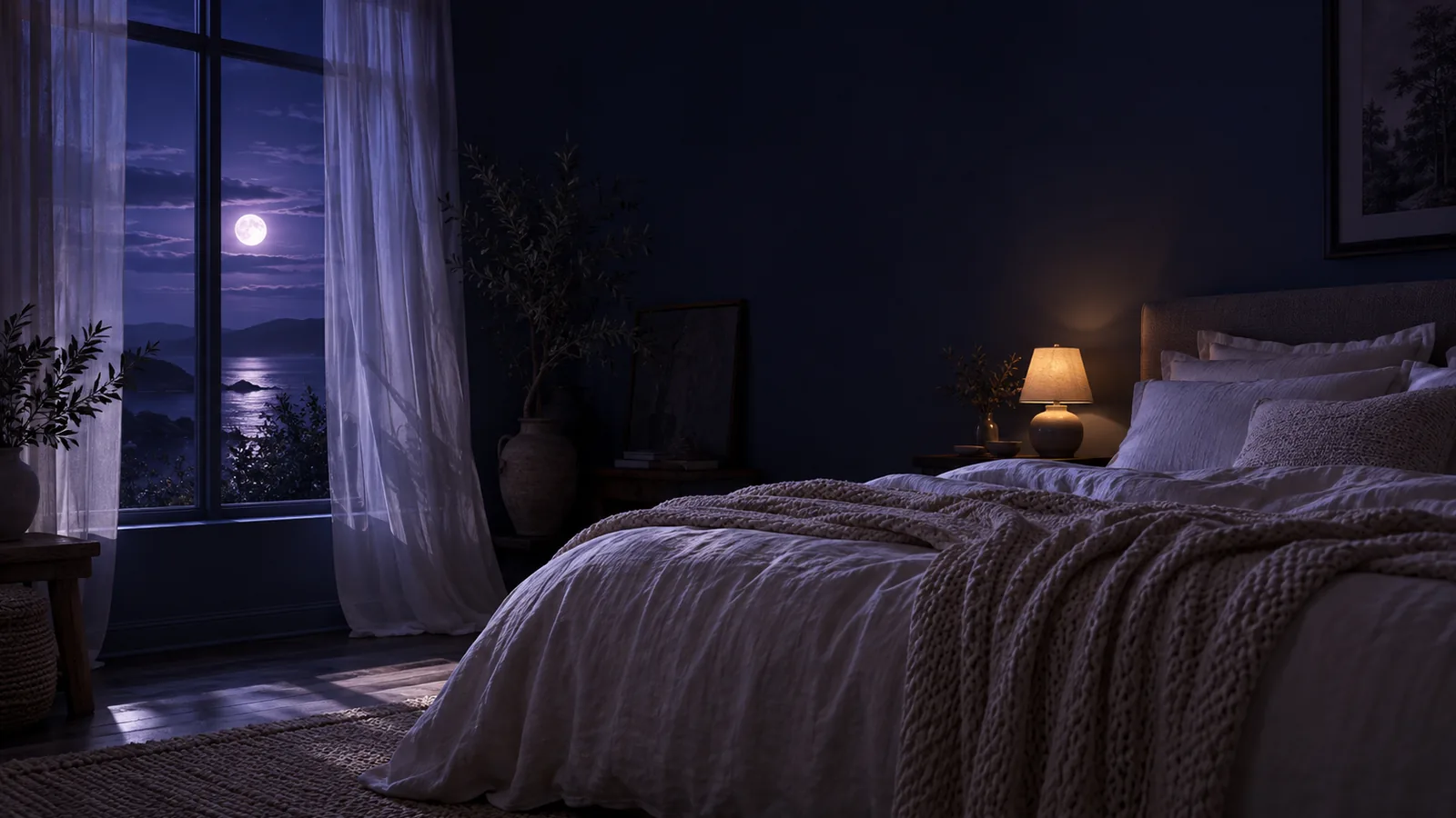 A quiet moonlit bedroom for trying white, pink and brown noise: sheer curtains, a full moon over the water, and a lamp glowing beside a bed with a knitted throw