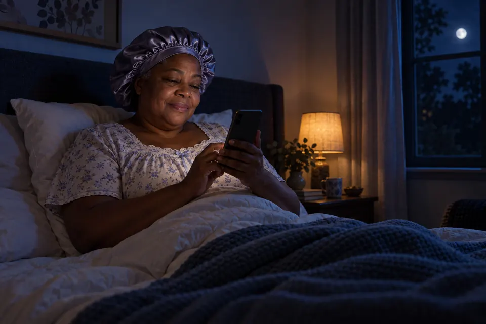 An older woman in a satin sleep bonnet sitting up in bed at night, calmly holding her phone