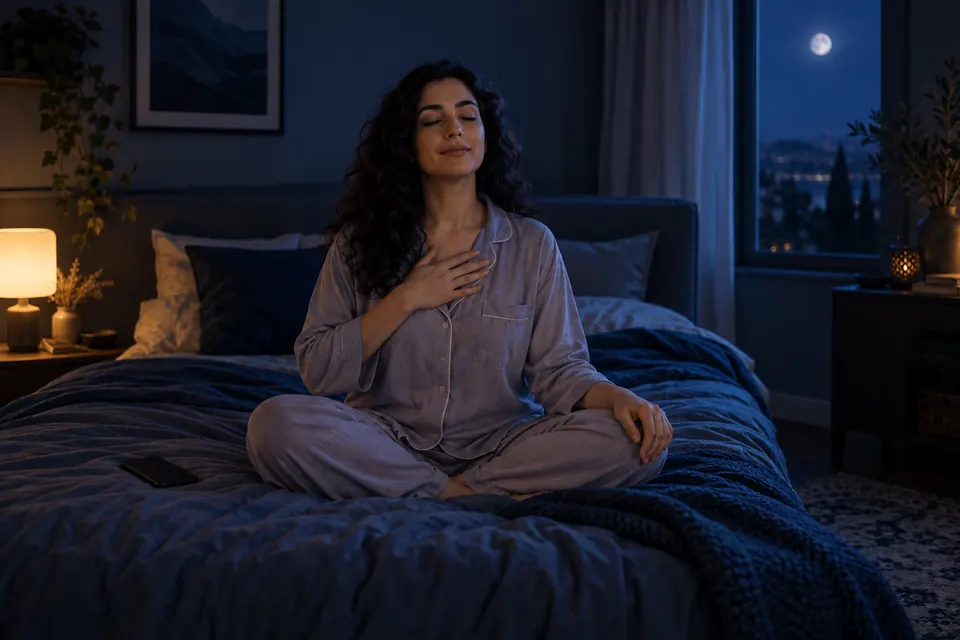 A woman sitting cross-legged on her bed with eyes closed and a hand on her chest, breathing slowly