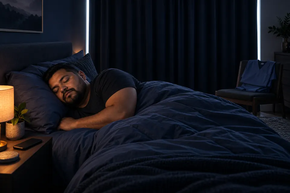 A man asleep in the daytime after a night shift, curtains closed, scrubs folded on a chair