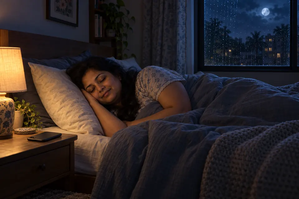 A woman in her forties asleep on her side with a gentle smile, rain on the window behind her